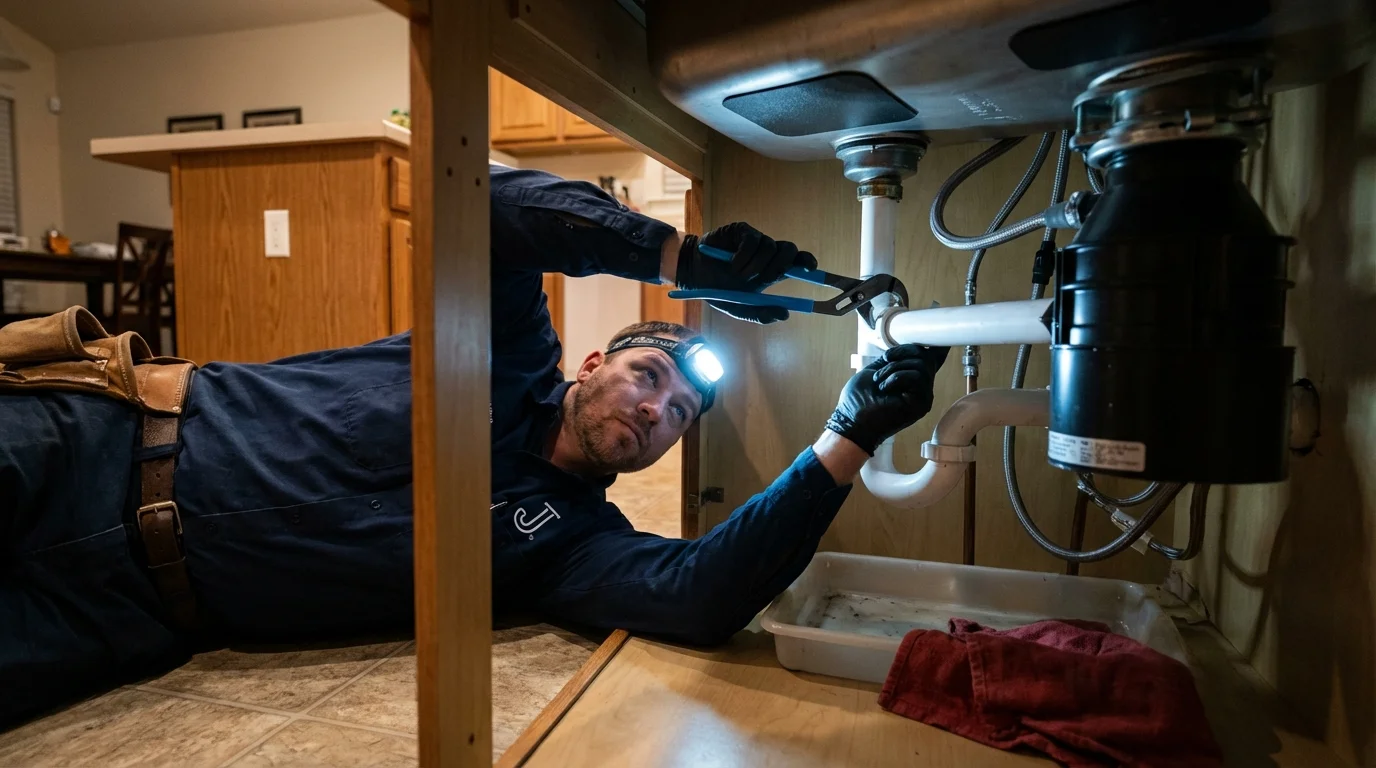 P-trap and supply line connections under a kitchen sink showing a common leak point in Elgin, MN